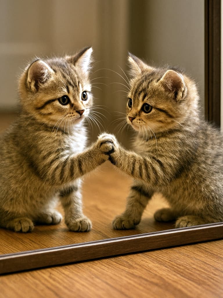 “これって、ほんとに僕？”—鏡越しのまなざしに、ちょっぴり哲学的な午後 A small tabby kitten with striped fur sits on a wooden floor, gently touching a mirror with one paw while gazing into its reflection. However, the mirror inaccurately renders the kitten’s position—the reflection appears too deep, as if the kitten’s paw has entered the mirror space, breaking the surface continuity. 木の床に座る縞模様の子猫が片方の前足で鏡に触れながら、自分の姿を見つめている。しかし鏡の描写に誤りがあり、反射像が鏡の奥に入り込んでいるように見え、鏡面の連続性が破綻している