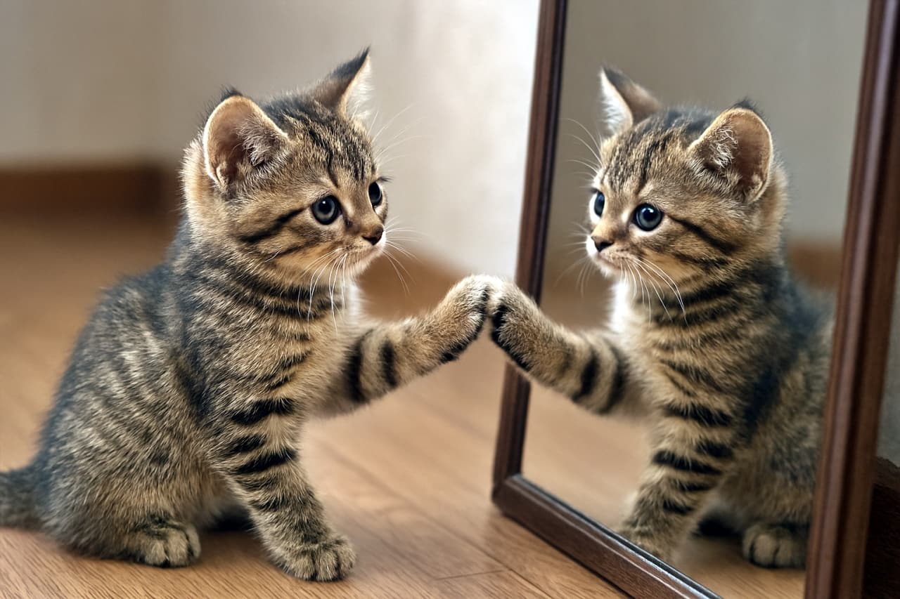 「もうひとりの自分に出会った日—鏡の中の“そっくりさん”にドキドキ！」A tabby kitten sits on a wooden floor, appearing to touch its mirror image with both front paws. The reflection creates a symmetrical illusion, but the mirror fails to behave optically—the kittens seem to touch paws outside the mirror plane, as if the reflection is a separate entity rather than a mirrored surface. 木の床に座る縞模様の子猫が、鏡に映る自分と両前足で触れ合っているように見える。左右対称の構図が印象的だが、鏡の描写が物理的に破綻しており、前足の接触が鏡の外側で起きているように見え、鏡面としての整合性が失われている
