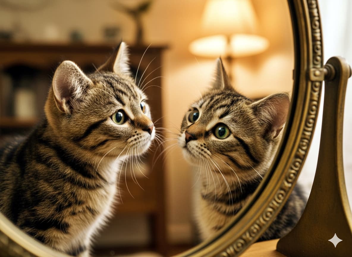 A tabby cat gazes into an ornate mirror, its reflection clearly visible. The softly lit room with a lamp and warm furnishings creates a cozy, introspective atmosphere. 縞模様のトラ猫が装飾的な鏡を見つめており、鏡にはその姿がはっきりと映っている。ランプと家具がある柔らかな照明の部屋が、穏やかで内省的な雰囲気を醸し出している