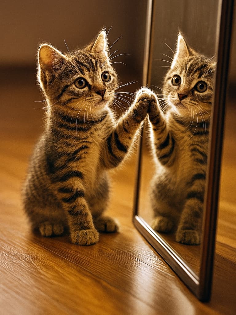 A photorealistic tabby kitten touches its reflection in a vertical mirror on warm hardwood flooring. The kitten’s raised paw aligns perfectly with the mirrored image, bathed in golden-hour light. A low-angle view captures its curious gaze and symmetrical pose. 写実的なトラ模様の子猫が、暖かみのある木の床に立てかけられた縦型の鏡に映る自分の姿に触れている。子猫の上げた前足は鏡の中の像とぴったり重なり、ゴールデンアワーの光に包まれている。ローアングルからその好奇心に満ちた表情と左右対称のポーズが捉えられている