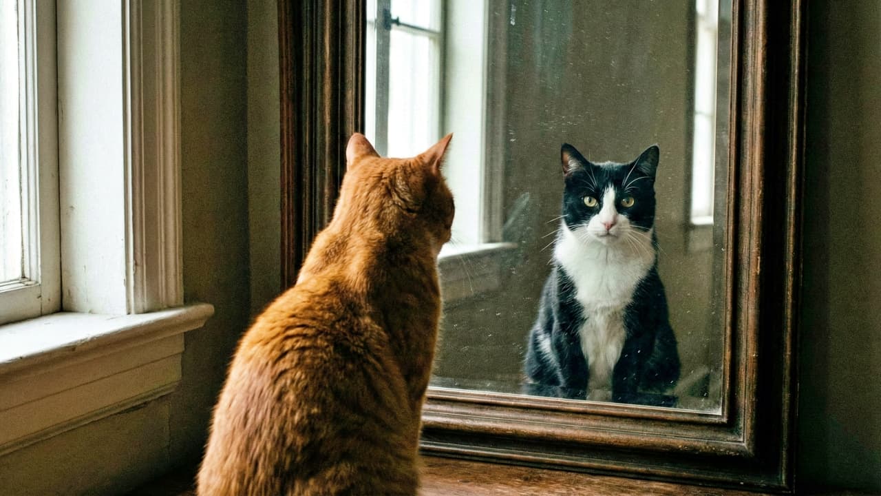 「✨「あれれ？そこにいるのは…ぼく？」鏡越しの自分にびっくり！好奇心いっぱいの子猫の“はじめての自己紹介”ショット🐾」AI generated image fail where a cat's reflection in the mirror stares directly at the camera instead of the cat. 鏡越しの猫が物理法則を無視してカメラ目線でこちらを凝視している、AI画像生成の典型的な失敗作