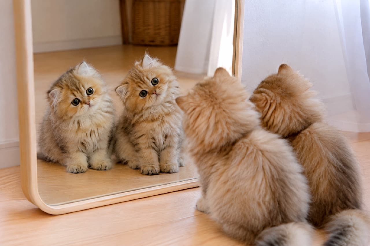 「鏡の中と外で、立ち位置がチェンジしちゃった!?🐈🐾 ふわふわチンチラゴールデンの不思議で可愛い1枚です✨ #猫 #チンチラゴールデン #鏡の世界 #猫のいる暮らし #子猫 #不思議な画像 #AI猫」Ultra-realistic high-quality photograph of two fluffy Chinchilla Golden kittens sitting on a wooden floor. The foreground shows their adorable backs, while the mirror perfectly captures their big round eyes making direct eye contact. However, there is a spatial inconsistency: outside the mirror, the left kitten is positioned slightly forward, but in the reflection, the right kitten appears to be in the front. Soft natural light gently illuminates the background, which includes a white curtain and a woven basket. 木目の美しい床にちょこんと座る、豊かな被毛を持つ2匹のチンチラゴールデンの子猫の超高画質写真。手前には丸みを帯びた愛らしい後ろ姿があり、正面の鏡の中には大きな丸い瞳でこちらを見つめるキュートな姿が映し出されています。しかし、鏡の外では向かって左側の子猫が少し前に出ているのに対し、鏡の中の像は右側の子猫が前に出ているという、前後の位置関係が逆転した不思議なAIの描写エラーが含まれています。背景には白いカーテンとナチュラルな籠が配置され、柔らかな自然光が全体を優しく包み込んでいます