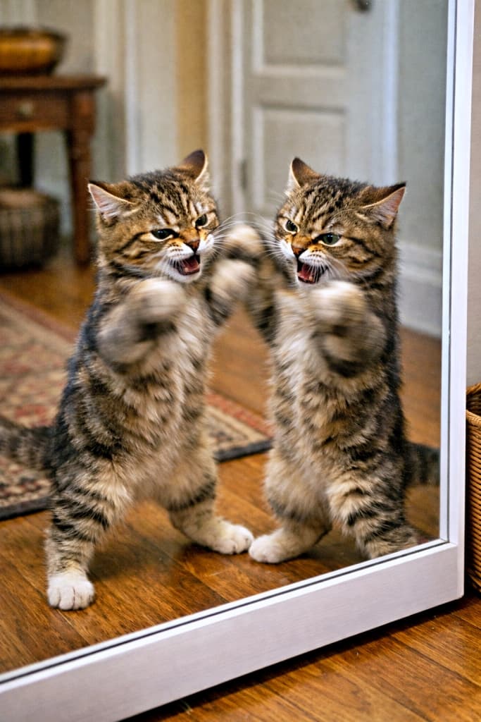 A kitten appears to be boxing with its reflection in a full-length mirror indoors, but the image unintentionally shows two nearly identical kittens facing each other, making it look like a real confrontation rather than a reflection, indicating a generation error. 室内の全身鏡の前で、子猫が自分の映り込みとボクシングしているように見えるが、実際にはほぼ同一の子猫が2匹向かい合っているように描写されており、鏡像ではなく実体が2体存在して見える生成ミスが発生している