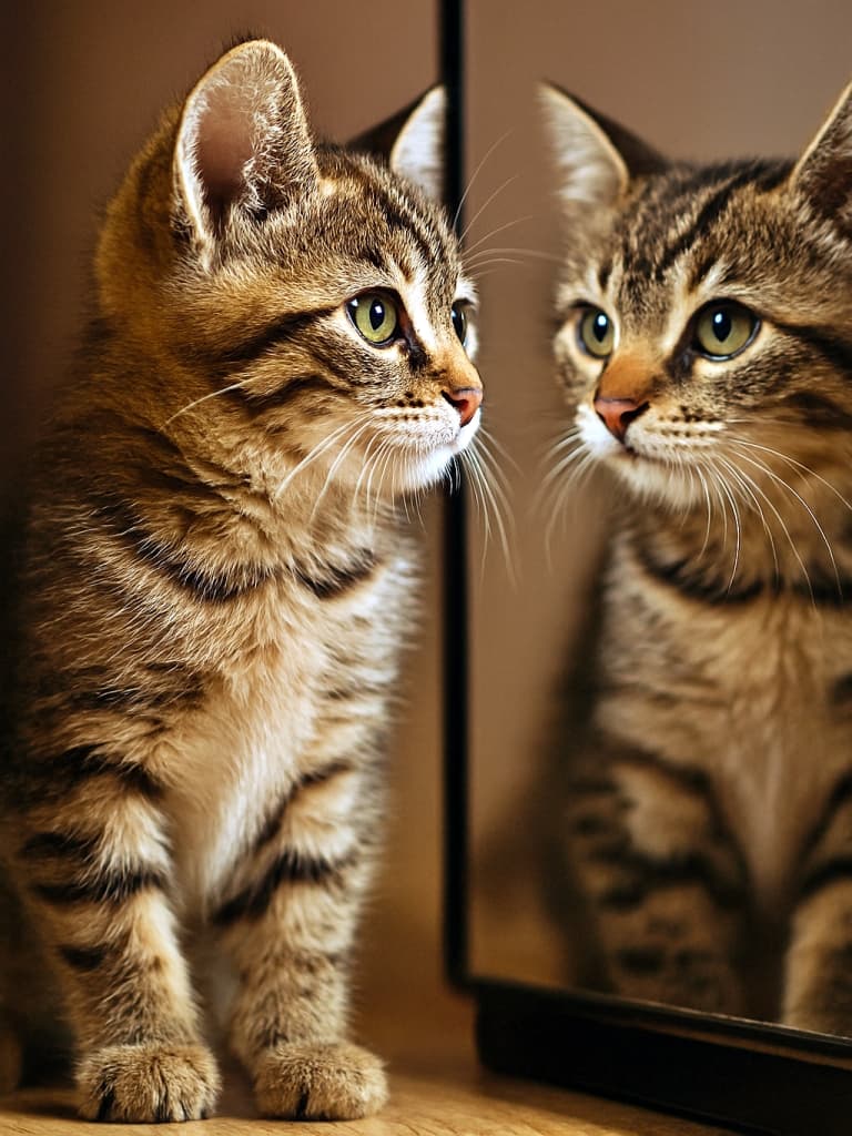 「「鏡の中のぼく、ちょっとズレてる？」鏡越しのぼくと、ちょっぴりすれ違い。角度の違いが生む不思議な世界！」A tabby kitten stands on a wooden floor in front of a mirror. The kitten’s head is turned in three-quarter view, but the reflection shows a frontal face, misaligned with the actual pose. 木目の床に立つタビー子猫。頭は三面ビューなのに、鏡像は正面で、実像との角度が一致していない
