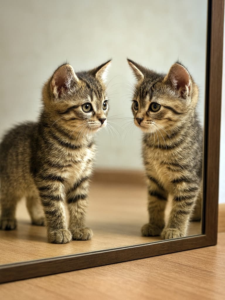 鏡のフレームが猫の手前にあり、猫が鏡の中の空間（ガラスの向こう）に閉じ込められているように見える画像　A tabby kitten stands in profile on a wooden floor, turning its head to gaze at its reflection in a mirror. The mirror clearly shows the kitten’s face in three-quarter view, capturing its wide eyes, perked ears, and soft striped fur. 木製の床に立つ横向きのトラ柄の子猫が、鏡に映る自分の姿を見つめている。鏡には三分の四ビューで顔が映り、丸い目、立った耳、柔らかな縞模様の毛並みが鮮明に描写されている