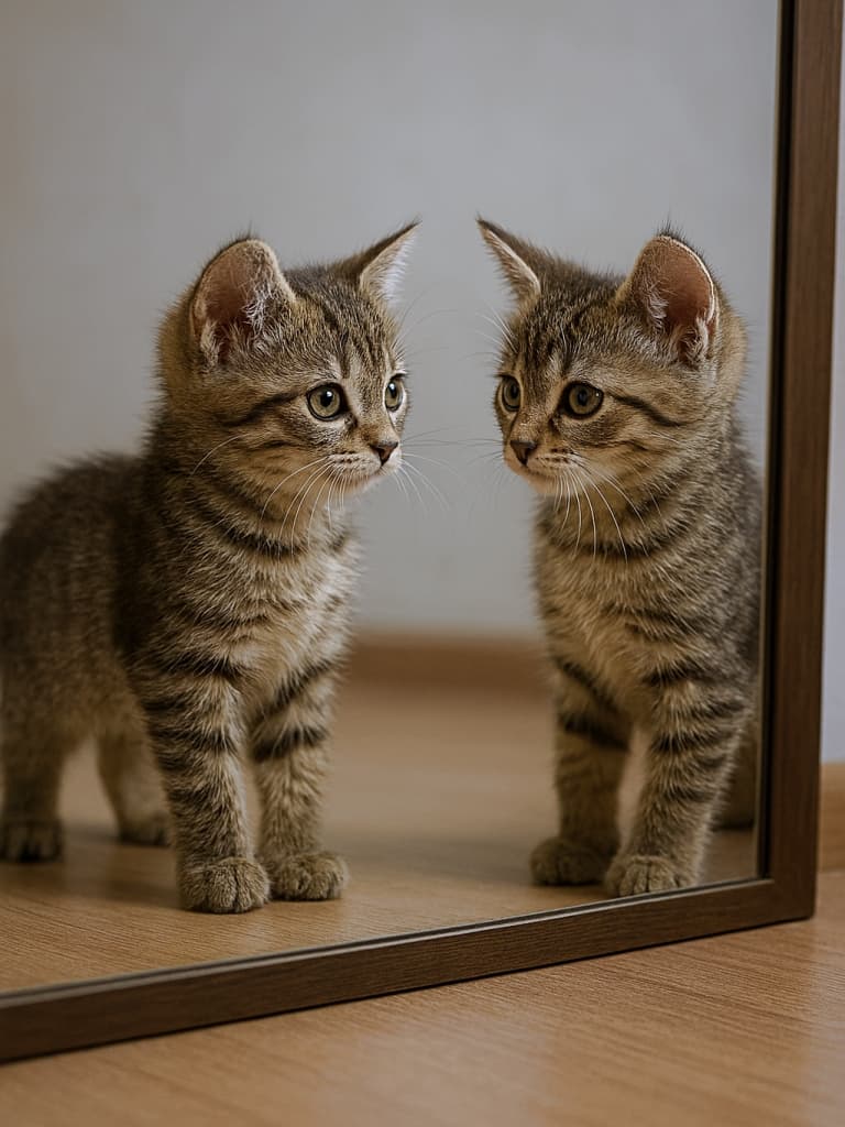 A tabby kitten stands in profile on a wooden floor, turning its head to gaze at its reflection in a mirror. The mirror clearly shows the kitten’s face in three-quarter view, capturing its wide eyes, perked ears, and soft striped fur. 
木製の床に立つ横向きのトラ柄の子猫が、鏡に映る自分の姿を見つめている。鏡には三分の四ビューで顔が映り、丸い目、立った耳、柔らかな縞模様の毛並みが鮮明に描写されている