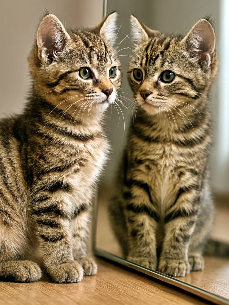 「ねえ、これって…ぼく？ふしぎな世界がひろがってるニャ！」A realistic high-resolution photo of a tabby kitten standing in front of a mirror. The kitten’s body is in profile, but its head is turned in a three-quarter view, gazing at its own reflection. Both the kitten and its reflection are clearly visible, showing the dimensionality of its head and soft fur. 鏡の前に立つトラ柄の子猫のリアルな高解像度写真。体は横向きだが、頭は三分の一ほど振り返って鏡を見つめている。子猫とその映り込みが鮮明に写っており、頭部の立体感と柔らかな毛並みが際立っている