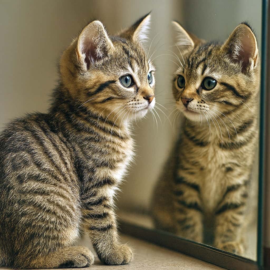 「じーっと見つめるその先は…自分！？鏡の中のもうひとりの自分にドキドキの子猫ちゃん♪」A tabby kitten stands beside a mirror, looking at its reflection with wide eyes. The kitten’s body is in profile, and its head is turned slightly, showing both its face and the mirrored image. トラ猫の子猫が鏡のそばに立ち、目を大きく開いて自分の姿を見つめている。体は横向きで、頭は少し振り返っており、顔と鏡像の両方が見える構図