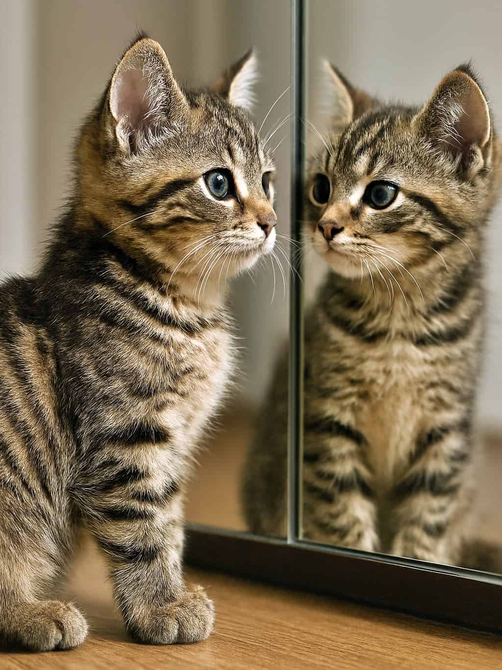 「キラリ青い瞳にうつるのは…ボクのそっくりさん！？木目もくっきり、リアルすぎてびっくり！」A kitten with blue-gray eyes stands near the mirror, its reflection showing clear fur texture and wood grain. 青灰色の瞳を持つ子猫が鏡の前に立ち、毛並みと床の木目が鮮明に映る