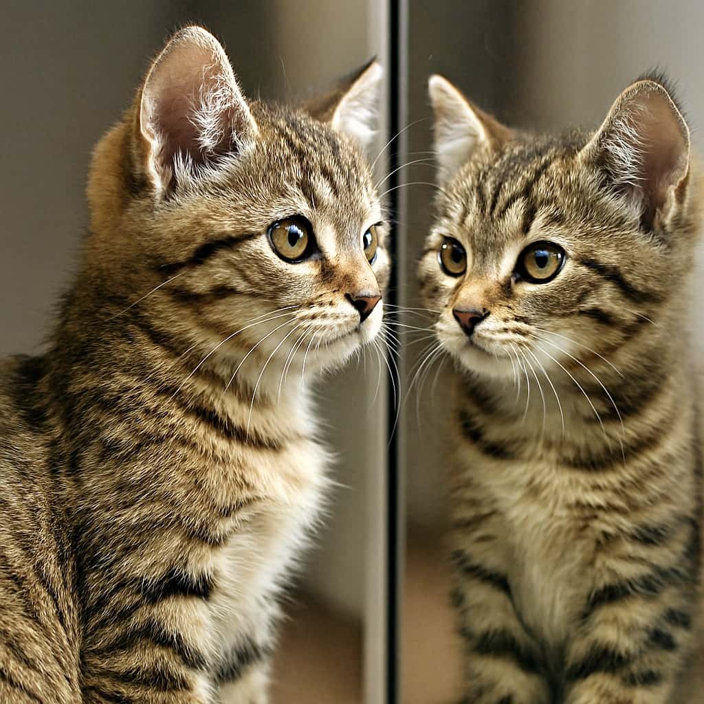 「こんなに近くで見ても…やっぱりカワイイ！越しのドキドキ初対面♡」A kitten with upright ears stands close to the mirror, gazing at its reflection in three-quarter view. 耳を立てた子猫が鏡に近づき、三分の一角度で自分の姿を見つめている