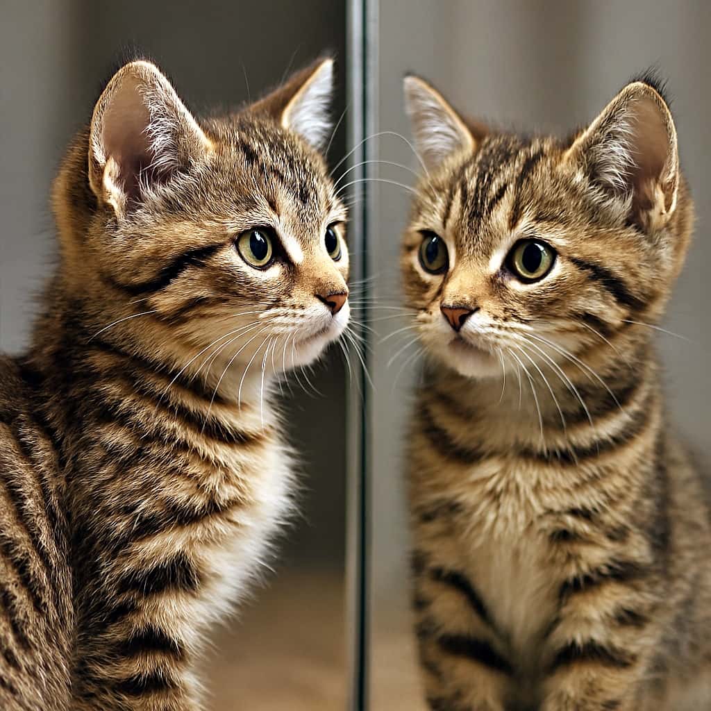 「ふわふわ感２倍！？鏡の中のボク、ちょっと大きめ♡もこもこシンメトリーで魅力倍増！」A fluffy kitten gazes at its slightly enlarged reflection, highlighting soft fur and symmetry. A fluffy kitten gazes at its slightly enlarged reflection, highlighting soft fur and symmetry.