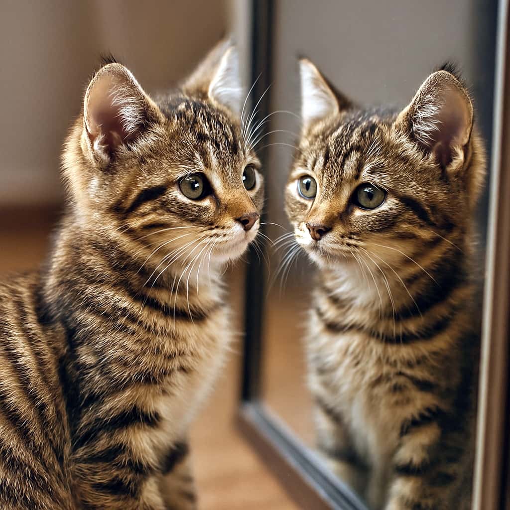 「ふわっと優しいまなざしで…こんにちは、もうひとりのボク！ピンク耳がチャームポイント♪」A curious kitten with soft expression and pink ears looks at its reflection on a bright wooden floor. 柔らかな表情の子猫が明るい木の床で鏡の自分を見つめている。耳の内側はピンク色
