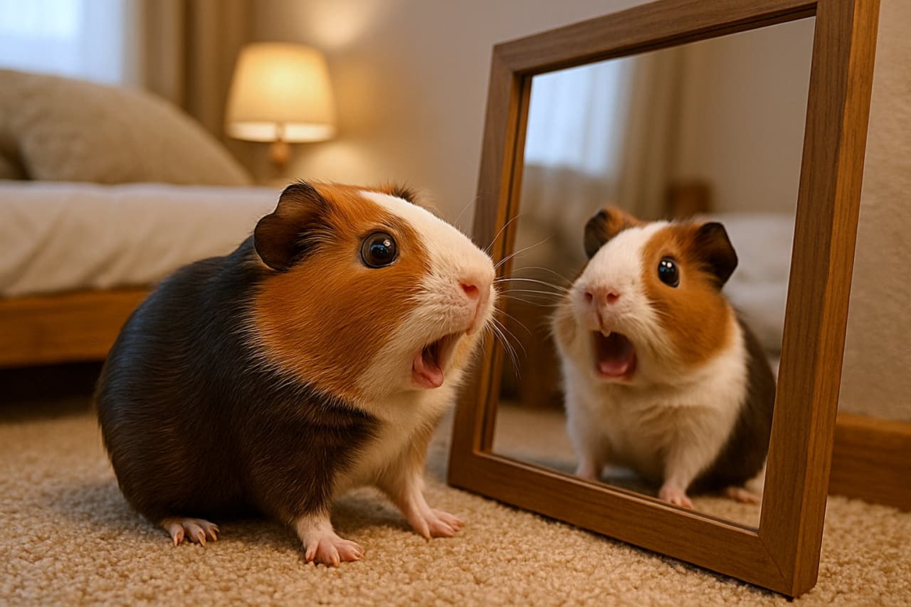 「「えっ、誰!?」口をポカンと開けて驚くモルモット🐹 鏡の反射がおかしいのはAIのうっかりミスだね💦」A photorealistic image of a guinea pig looking into a wooden-framed mirror with its mouth wide open in surprise, set in a cozy bedroom. There is a noticeable AI generation logic error: the mirror shows the guinea pig's face looking almost forward, which completely contradicts the physical angle of the actual guinea pig standing next to it. 居心地の良い寝室で、木の枠の鏡を覗き込み、驚いて口を大きく開けているモルモットの写実的な写真。鏡の反射に明らかなAI生成特有の論理エラーがあり、実際のモルモットの立ち位置や角度と矛盾して、鏡の中のモルモットがほぼ正面を向いてしまっている
