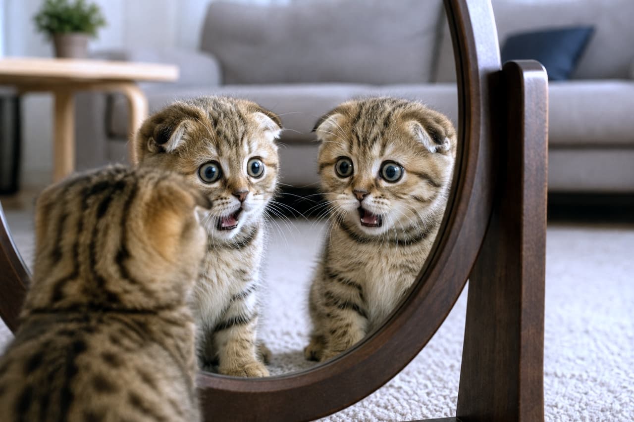 「「ニャンだこれー！？」🙀 鏡の前には1匹しかいないのに、鏡の中にはなぜか2匹！？驚いた表情とミラクルなバグの相性が最高です💕 #子猫 #びっくり顔 #不思議な鏡」Ultra-realistic high-quality photograph of a surprised kitten looking into a round wooden mirror, featuring a glaring AI error where two whole kittens (heads and bodies) are reflected despite only one kitten being present. 丸い木の鏡を覗き込んで、口を開けて驚いた表情をしている子猫。手前には1匹しか座っていないにもかかわらず、鏡の中には頭から胴体までしっかりと2匹分の子猫が並んで反射している