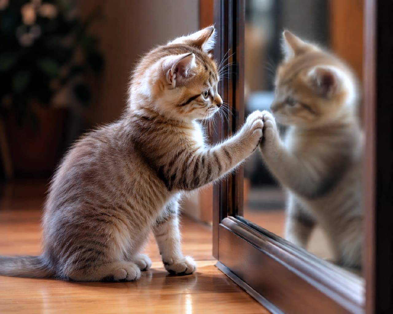 「鏡に向かって「えいやっ!」🐾一生懸命な立ち姿にキュンとしちゃうね🤎 #キジトラ #子猫のいる生活 #にゃんすたぐらむ」Ultra-realistic high-quality photograph of a cute tabby kitten sitting on a wooden floor, playfully pushing its front paws against a large mirror. Warm lighting enhances the detailed brown fur, though the paws melting into the reflection add a slightly surreal AI-generated error at the point of contact. 艶やかなフローリングの床にお座りし、大きな姿見(またはガラス戸)に前足を突っ張るようにして遊ぶキジトラの子猫。温かみのあるブラウンの被毛が美しく描かれていますが、鏡に触れている前足の肉球や反射の境界が溶け合い、足の構造が少し不自然な形に融合してしまっています