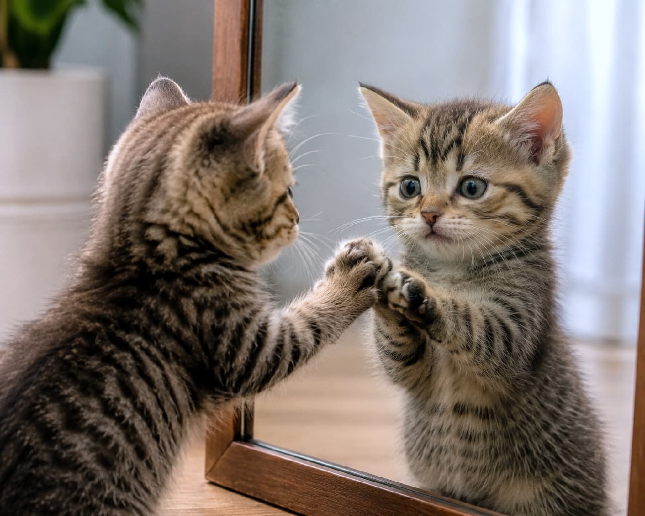 「鏡の中のお友達に「はじめまして🐾」?自分に夢中なキジトラちゃんにキュンが止まらない…!💖 #猫のいる暮らし #キジトラ」Ultra-realistic high-quality photograph of an American Shorthair style tabby kitten curiously touching its own reflection in a wooden-framed mirror, featuring detailed coat patterns and soft indoor natural lighting. 木製フレームの鏡に映る自分に興味津々で、そっと前足を合わせるアメリカンショートヘア風のキジトラ子猫。美しいクラシックタビーの被毛、ぱっちりとした丸い目、木の温もりを感じる鏡と柔らかな室内の自然光が、非常に愛らしい情景を描き出しています