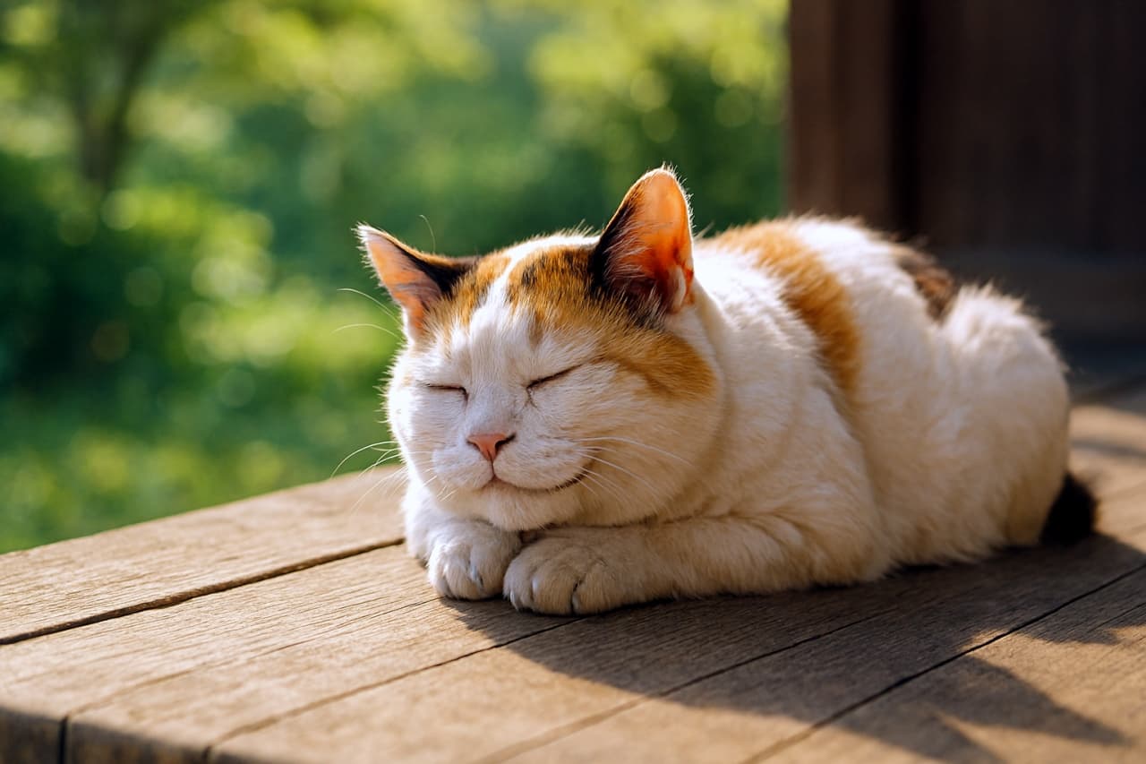 「ぽかぽか縁側で、夢の中へジャンプ！ボブテイルの午後は、まったりの極み♪」An elderly Japanese Bobtail cat sleeps peacefully on a sunlit wooden engawa, with a gentle smile and a blurred green garden in the background. 年老いたジャパニーズボブテイルが、日差しの差し込む木製の縁側で穏やかに眠っており、優しい微笑みを浮かべ、背景にはぼかされた緑の庭が広がっている