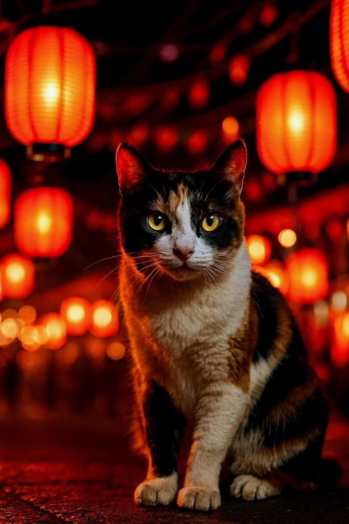 「祭りの主役は、誰よりも光を纏うこの猫かも」A Japanese Bobtail cat sits proudly in the center of a lantern-lit street, its eyes glowing with festival light. 提灯に照らされた通りの中央に堂々と座る日本猫。瞳が祭りの光を宿す