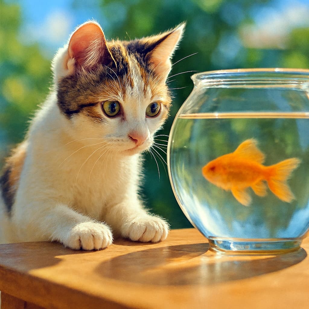 「夏の午後、金魚に夢中！ボブテイル子猫の真剣なまなざしにキュン♡」A photorealistic Japanese Bobtail kitten with white, orange, and black fur leans on a wooden table, staring intently into a round glass bowl containing a slightly blurry goldfish. Summer sunlight filters through green foliage in the background, casting warm reflections on the glass. 白・茶・黒の毛並みを持つジャパニーズボブテイルの子猫が木製テーブルに前足を乗せ、丸いガラス鉢の中の少しぼやけた金魚をじっと見つめている。背景には緑の葉と夏の陽光が差し込み、ガラスに柔らかな反射が映っている