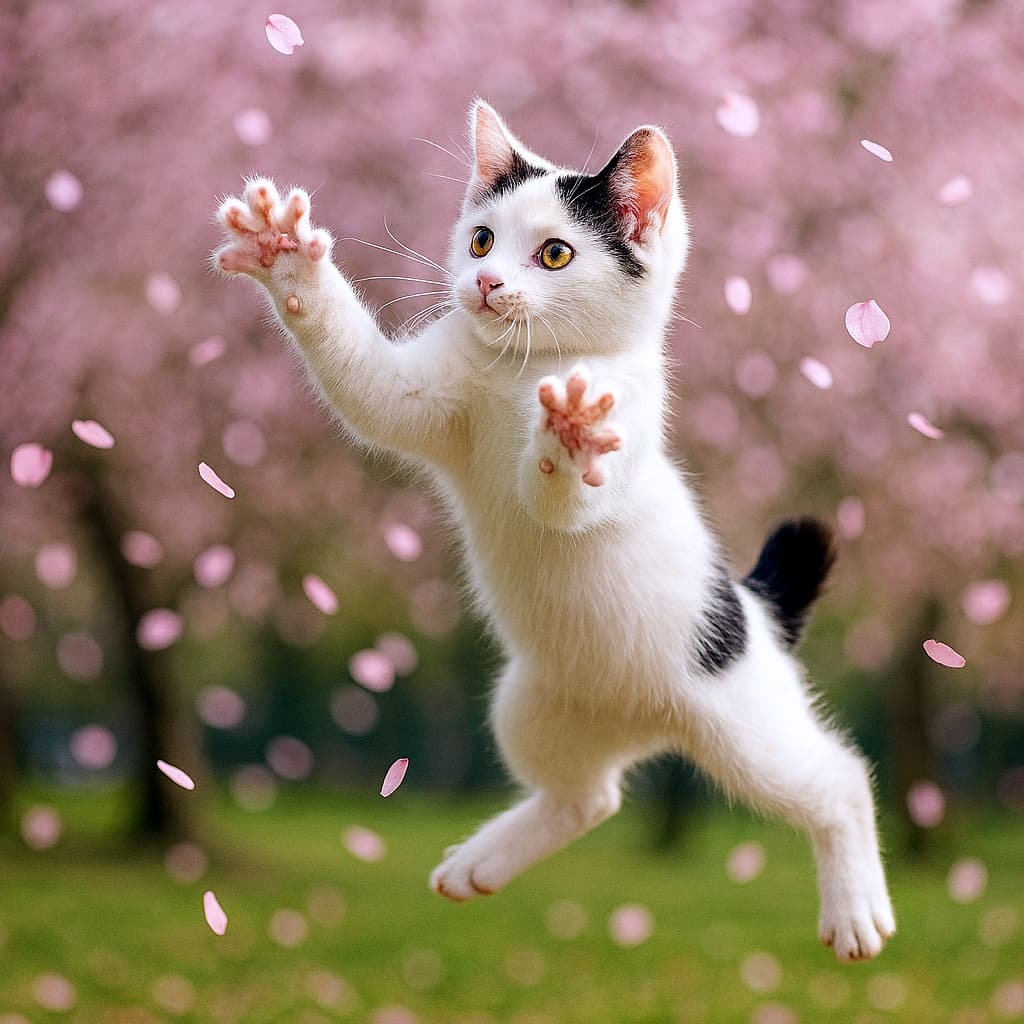 「春の空へ、ジャンプ一番！花びらキャッチはおまかせニャ！」A white and black Japanese Bobtail kitten leaps mid-air in a park, reaching for falling cherry blossom petals with outstretched paws. Pink petals blur in the background, captured in high-speed photorealistic style. 白黒のジャパニーズボブテイル子猫が公園で宙を舞い、前足を伸ばして舞い落ちる桜の花びらを追いかけている。背景にはピンクの花びらがぼかされ、高速撮影風の写実的なスタイルで描かれている