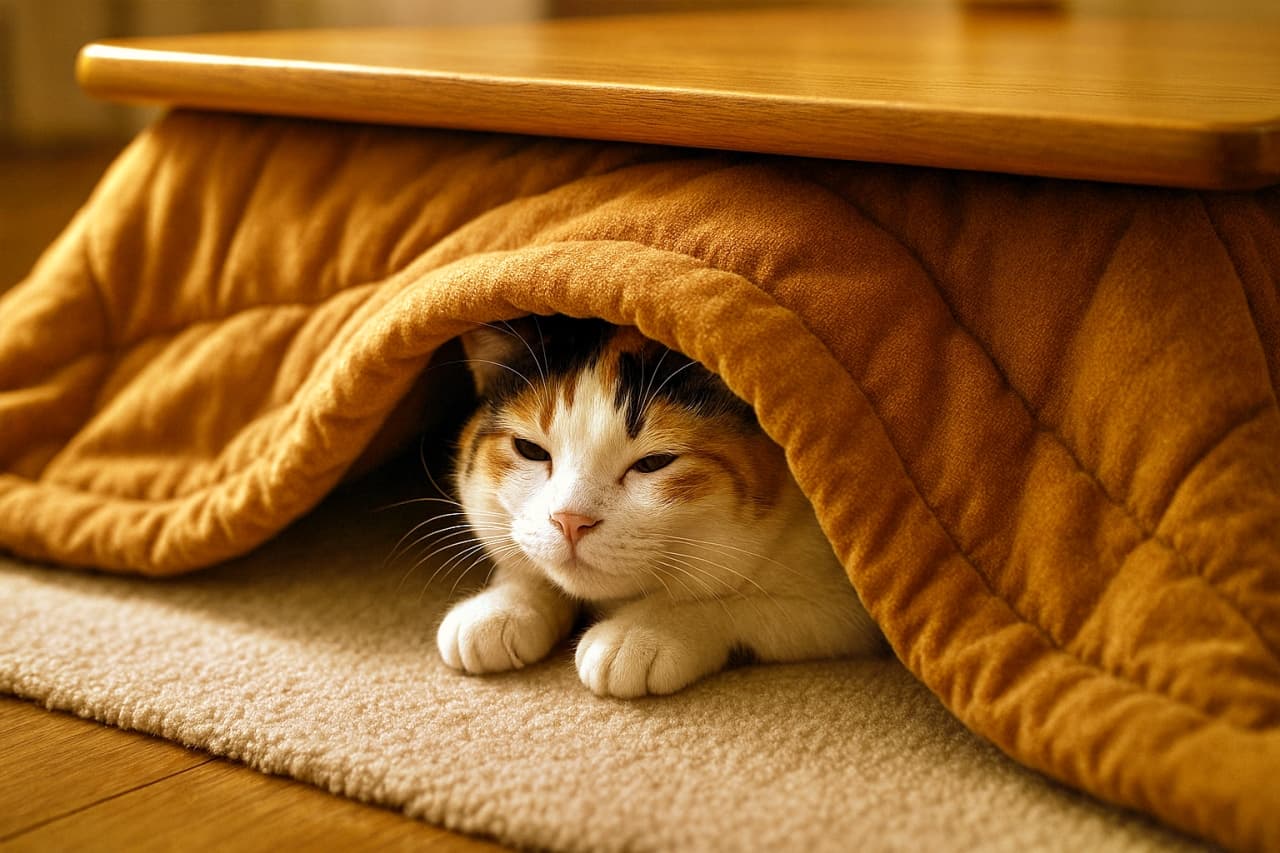 「ぬくぬくこたつで、ちらりん猫！冬の幸せ、ここにあり♪」A sleepy Japanese Bobtail cat peeks out from under a kotatsu quilt, showing only its face and front paws, bathed in warm indoor lighting. 眠そうなジャパニーズボブテイルがこたつ布団の下から顔と前足だけを覗かせ、暖かな室内照明に包まれている