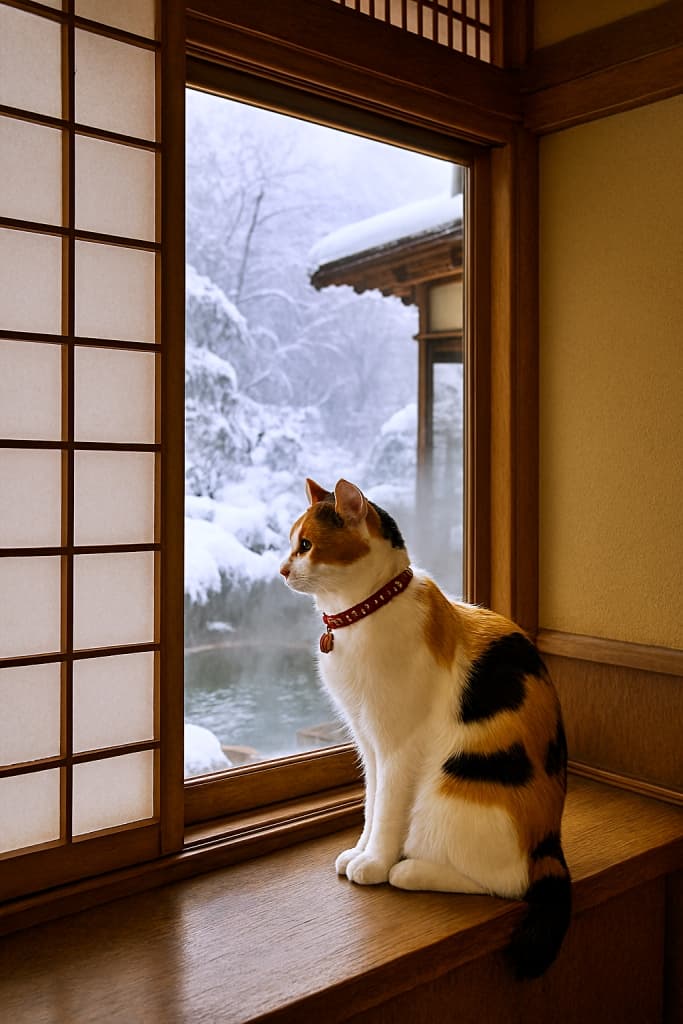 「雪見の湯気に心までほぐれるニャ」A photorealistic Japanese Bobtail wearing a small decorative bell collar sits by the wooden window of a traditional ryokan, gazing out at a snowy landscape. Steam rises from an outdoor hot spring bath, creating a serene and elegant winter atmosphere. 小さな鈴付きの飾り首輪をつけたジャパニーズボブテイルが、旅館の木枠窓辺に座り、雪景色を眺めている。外の露天風呂から湯気が立ち上り、静かで上品な冬の雰囲気が漂っている