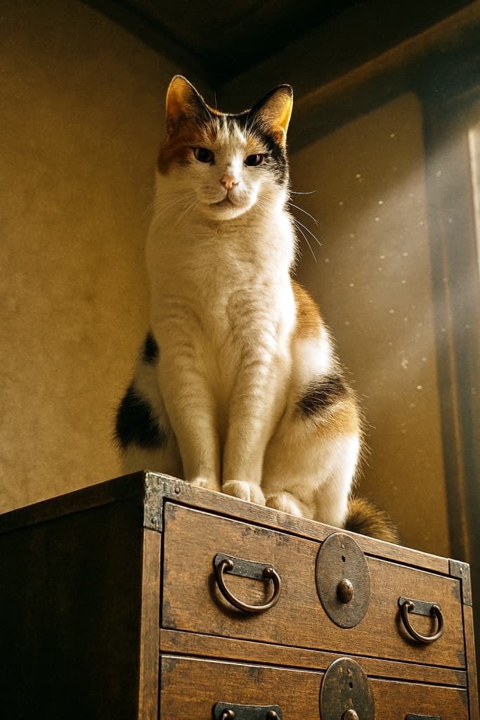 「この箪笥、私の王座よ。光も埃も、すべてが演出なの」A majestic Japanese Bobtail cat with a white and calico coat sits atop an antique wooden tansu chest, gazing down at the camera with a regal expression. Dust motes float in a warm sunbeam, enhancing the vintage atmosphere. 白と三毛模様の毛並みを持つ気品あるジャパニーズ・ボブテイルが、古風な箪笥の上に座り、威厳ある表情でカメラを見下ろしている。暖かな光に舞う埃が、ヴィンテージな雰囲気を際立たせている