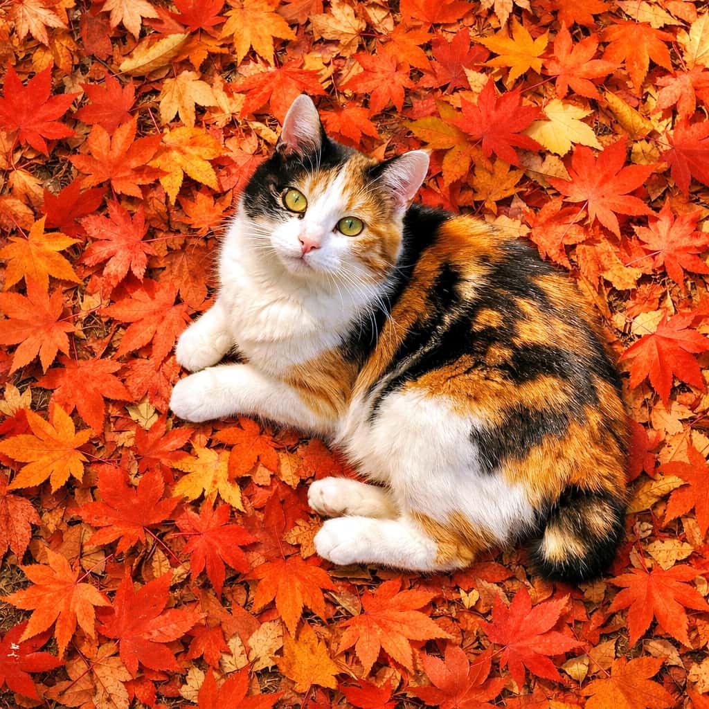 A top-down, photorealistic view of a calico Japanese Bobtail cat lying on a ground covered with vibrant red and orange maple leaves, its tortoiseshell and white coat blending naturally with the autumn foliage in soft sunlight. 赤やオレンジに色づいたモミジの落ち葉に覆われた地面に横たわる、三毛柄（トーティシェル＆ホワイト）のジャパニーズボブテイルを真上から捉えたフォトリアルな写真。猫の毛色が秋の落ち葉と自然に溶け込み、やわらかな秋の日差しに照らされている