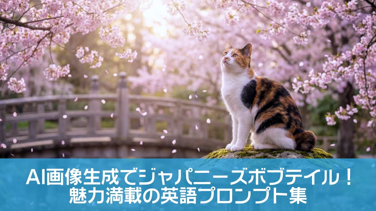 A calico Japanese Bobtail cat sitting on a stone lantern amidst falling cherry blossom petals in a spring park. An example of AI image generation using a specific prompt. 満開の桜が舞う公園で、石灯籠の上にちょこんと座る三毛のジャパニーズボブテイル。AI画像生成プロンプトを使って作成した、春らしい雰囲気の作例画像