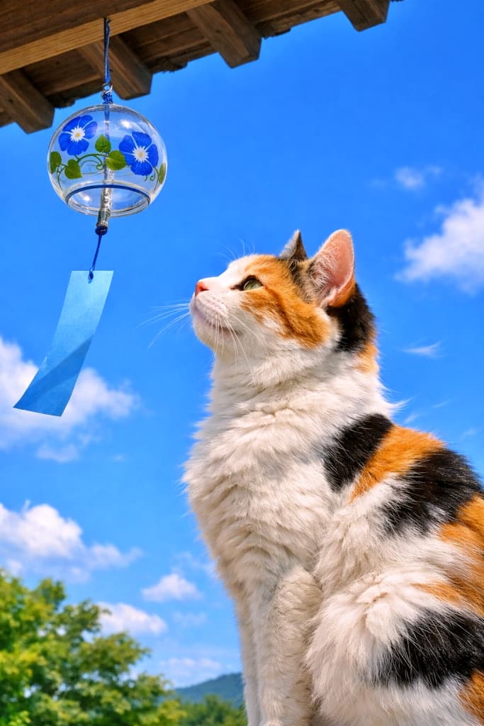 Profile view of a Japanese Bobtail cat sitting and gazing up at a glass wind chime hanging from the eaves, with a blue summer sky in the background and a gentle breeze ruffling its fur. 軒先に吊るされたガラスの風鈴を見上げて座る、日本猫ボブテイルの横顔。青空を背景に、夏のそよ風で毛並みがやさしく揺れている様子