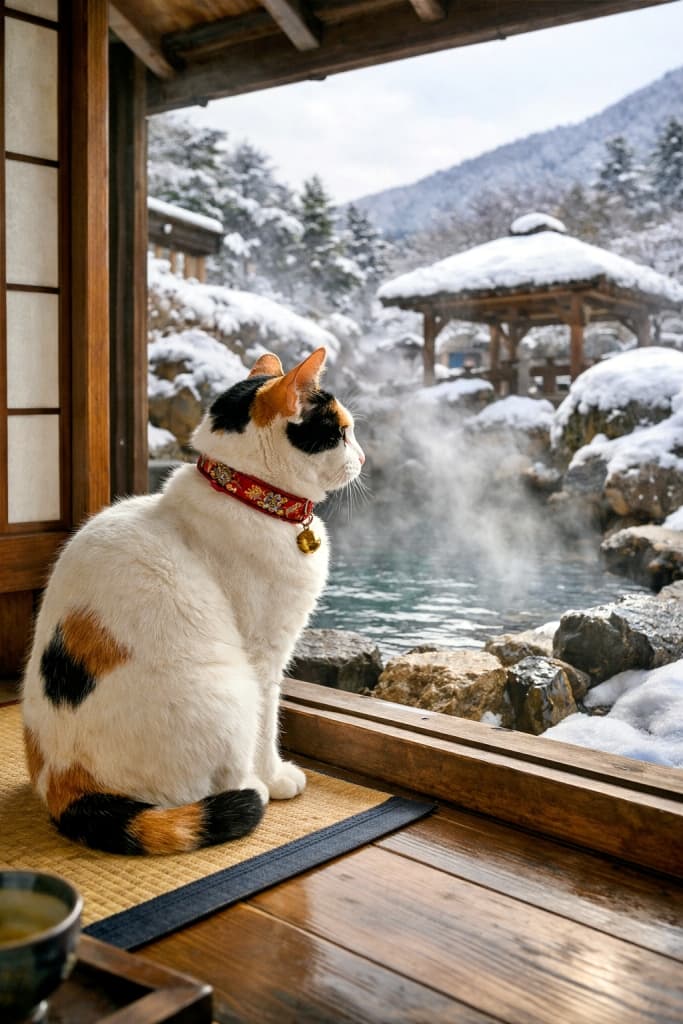 A Japanese Bobtail cat wearing a decorative collar sits by a wooden window inside a traditional ryokan, gazing out at a snowy landscape with steam rising from an outdoor hot spring bath. 飾り鈴のついた首輪を身につけたジャパニーズボブテイルが、旅館の木枠の窓辺に座り、雪景色と湯気の立つ露天風呂を静かに眺めている