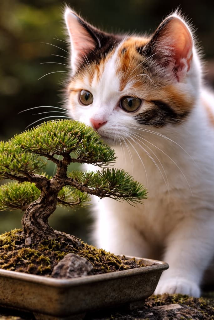 Close-up of a Japanese Bobtail kitten sniffing a carefully pruned pine bonsai tree, with detailed pine needles and whiskers, creating a giant monster scale illusion. 丁寧に剪定された松の盆栽の匂いを嗅ぐ日本ボブテイルの子猫のクローズアップ。松葉とヒゲの細部まで写り、子猫が巨大な怪獣のように見えるスケール感のある構図