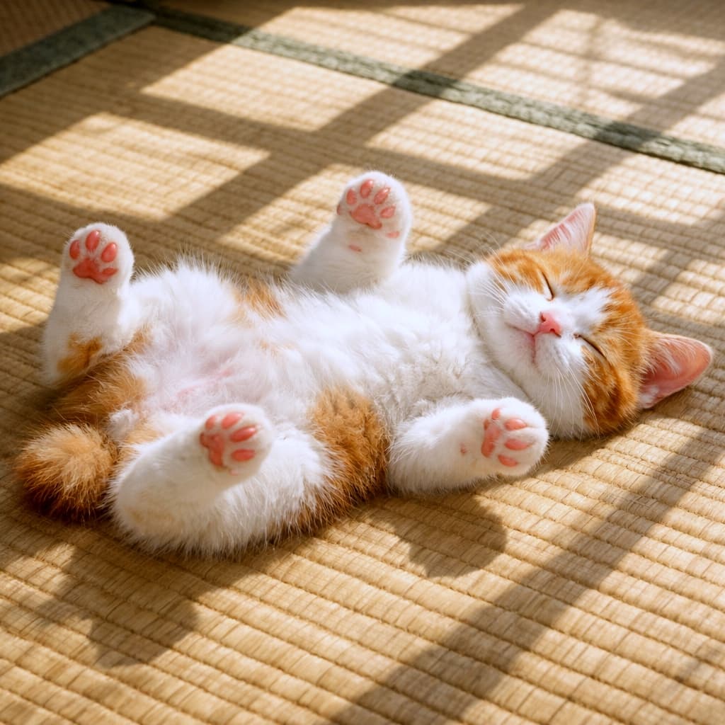 A red and white Japanese Bobtail kitten sleeping on its back in a relaxed “heso-ten” pose on a tatami mat, belly exposed and paws in the air, with soft sunlight casting window frame shadows. 畳の上で仰向けになり、お腹を見せて手足を空に向けた「へそ天」ポーズで眠る赤白の日本猫（ジャパニーズボブテイル）の子猫。窓から差し込む柔らかな日差しと影が穏やかな雰囲気を演出している