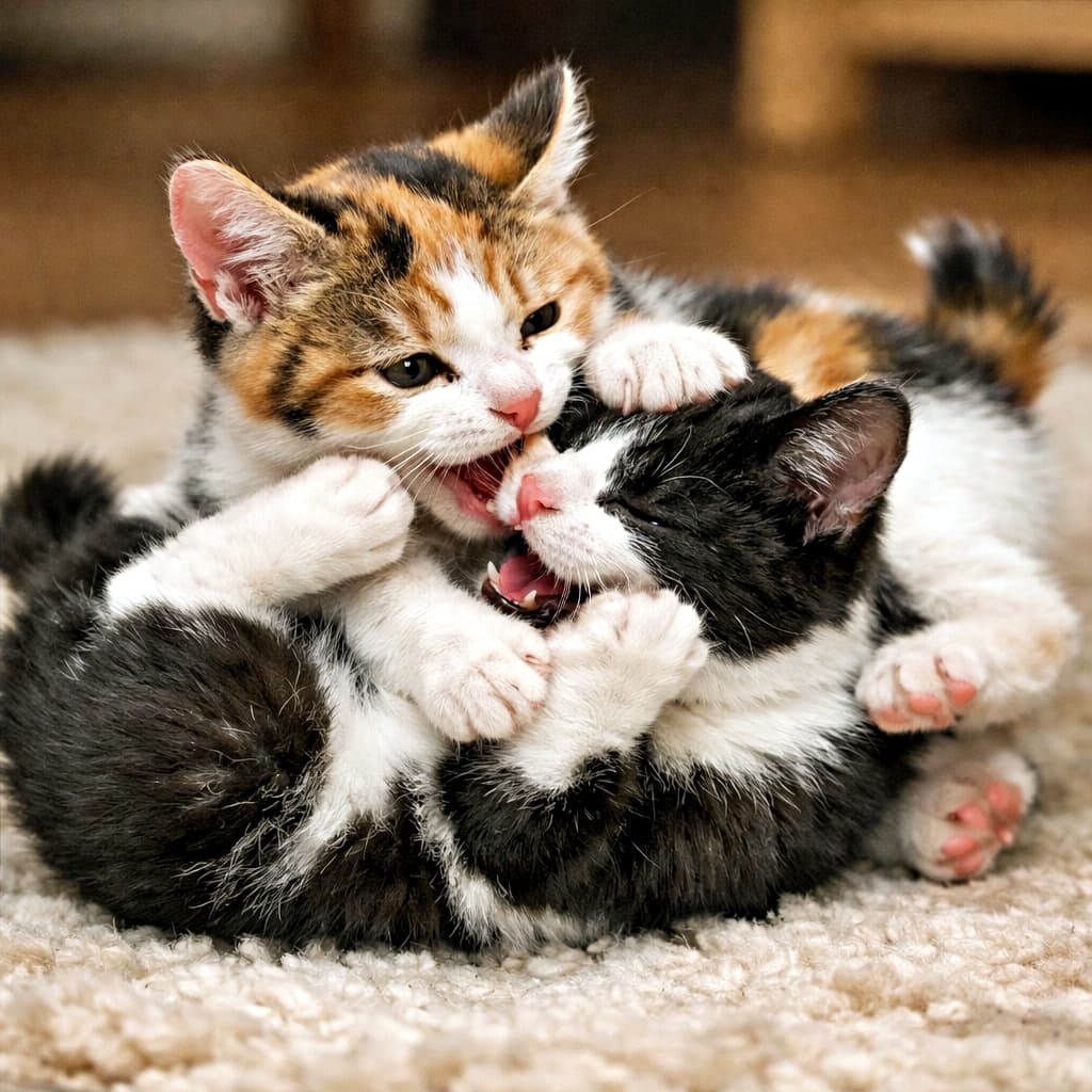Two Japanese Bobtail kittens playfully wrestling on a soft rug, one calico and one black-and-white, with tangled paws, gentle playful bites, visible short bobtails, and soft natural indoor lighting. 柔らかなラグの上でじゃれ合う2匹のジャパニーズボブテイルの子猫。三毛猫と白黒猫が前足を絡め、軽く甘噛みしながら遊び、短いしっぽと両耳がはっきり見える自然光の室内写真