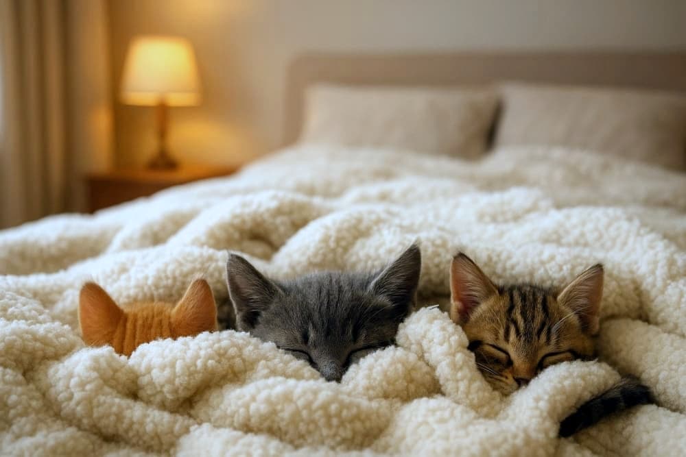 「並んでスヤスヤ、まるで子猫の寝顔選手権♡ あったかベッドで夢の中〜！」Three kittens—orange, gray, and tabby—snuggled side by side under a fluffy blanket, heads peeking out in a softly lit bedroom. オレンジ・グレー・縞模様の3匹の子猫がふわふわ毛布の下で並んで眠る。やさしい照明の寝室で、頭だけがちょこんと見えている