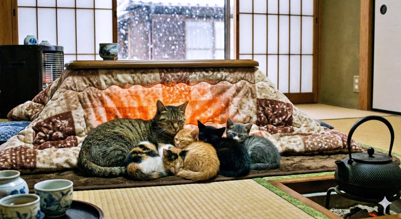 「こたつ、入らないの！？(笑) 外でもポカポカ、幸せ猫家族の団子。窓の外の雪景色も素敵です☃️🍊💕」A photorealistic image of an adult tabby cat and four kittens (calico, orange tabby, black, and grey) curled up together in a "cat pile" right next to, but not inside, a glowing kotatsu table in a traditional Japanese room. Snow is visible outside the window, and the warm orange light from the kotatsu illuminates the sleeping cats, creating a cozy winter atmosphere. 雪景色が見える冬の和室で、温かい光を放つこたつのすぐ横に、親猫（キジトラ）と4匹の子猫（三毛、茶トラ、黒、グレー）が身を寄せ合って「猫団子」になり、幸せそうに眠っている。こたつの中には入っていないが、その熱で温まっている様子。火鉢や鉄瓶も置かれた、日本の伝統的で心地よい冬の情景