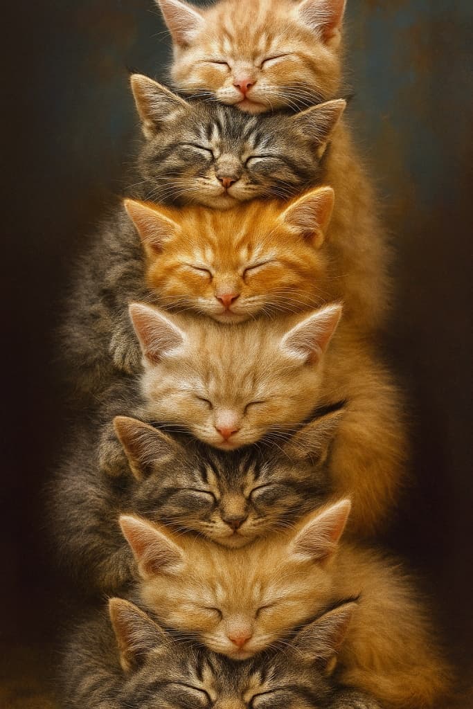 A photorealistic vertical stack of six sleeping kittens forming a cozy “cat tower.” Each kitten is nestled atop another, their closed eyes and softly blended fur conveying warmth, comfort, and togetherness. The composition emphasizes layered snuggling and gentle harmony. 6匹の子猫が縦に積み重なって眠る、フォトリアルな「猫タワー」。それぞれの子猫が他の子猫の上に寄り添い、目を閉じて穏やかな表情を浮かべている。毛並みが柔らかく溶け合い、ぬくもりと一体感が伝わる構図