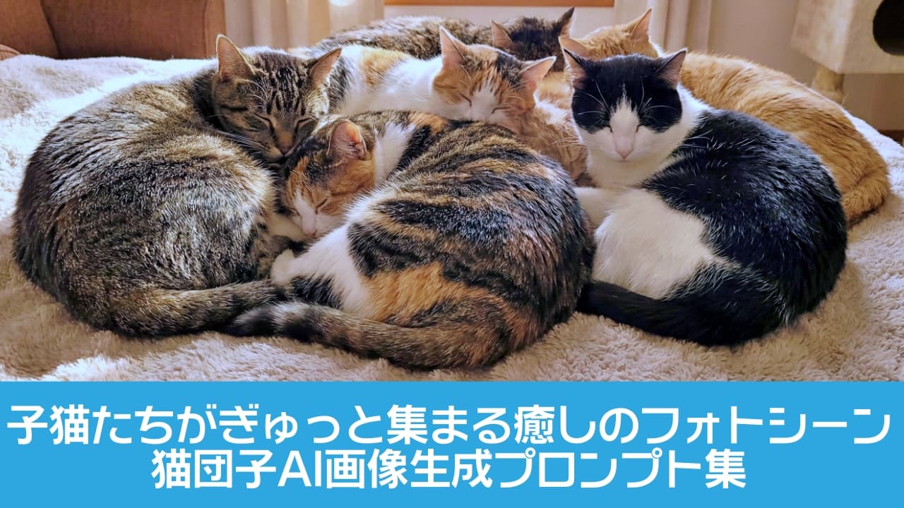 「見てるだけでポカポカ♡夢の「猫団子」をAIで再現！使えるプロンプト集は記事をチェック♪」A pile of various cats, including tabby, calico, and black and white, curled up together sleeping on a fluffy blanket by a sunny window. This "neko dango" (cat pile) scene is suitable for a blog post about AI prompts for generating cuddling cat images. 日当たりの良い窓辺で、キジトラ、三毛、黒白ハチワレなど複数の猫がふわふわの毛布の上で体を寄せ合い、丸くなって（猫団子状態で）眠っている幸せな光景の画像