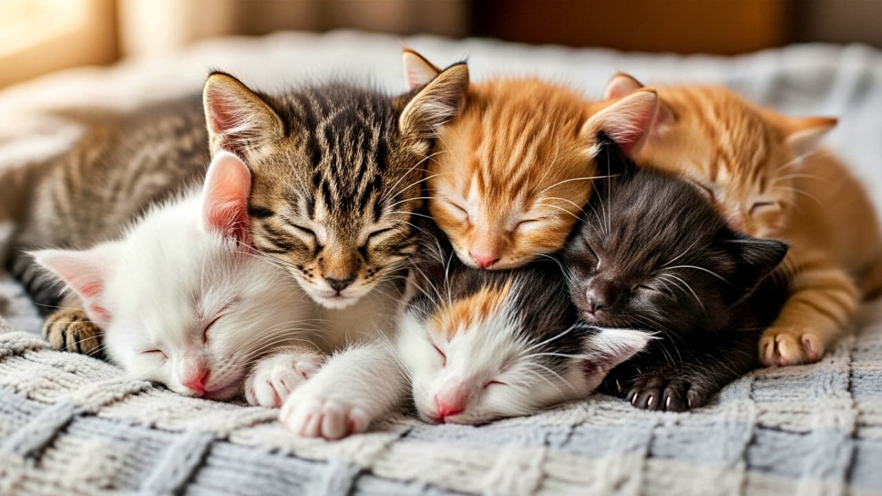 Six kittens with various fur colors—white, tabby, black, and calico—sleeping closely together on a soft blanket, radiating warmth and comfort. 白、茶トラ、黒、三毛など多彩な毛色の6匹の子猫が、ふわふわの毛布の上で寄り添いながら眠っている様子。安心感とぬくもりが伝わる一枚