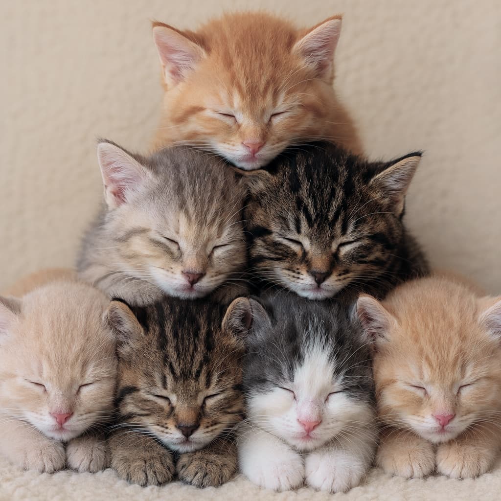 「可愛さの限界突破!見事な「子猫ピラミッド」が完成です✨全員の天使すぎる寝顔に、日頃の疲れも一瞬で吹き飛んじゃいますね」An ultra-realistic high-quality photograph of seven adorable domestic shorthair kittens (ginger, tabby, and bicolor) sleeping peacefully in a perfect pyramid formation on a soft beige fleece blanket, their tiny paws neatly tucked in under warm, even studio lighting. 柔らかいベージュ色のフリースマットの上で、茶トラ、キジトラ、キジ白など計7匹のミックス子猫たちが、美しくピラミッド状に重なり合ってスヤスヤと眠っている超高画質写真。全員が幸せそうに目を閉じ、小さな前足を綺麗に揃えて並んでおり、スタジオ撮影のような均一で温かみのある照明が、ふわふわな被毛の質感を極限まで引き立てています
