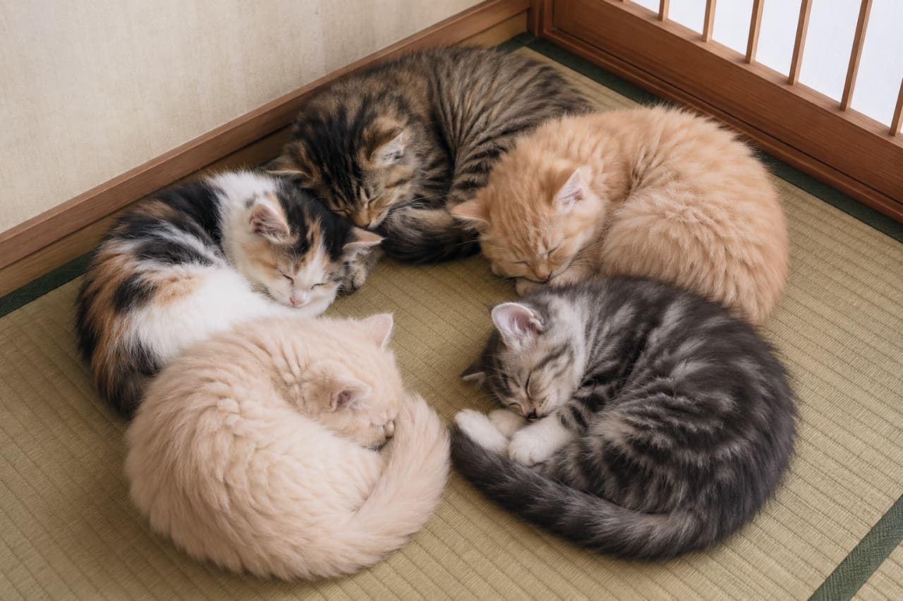 「色んな柄のニャンモナイトが大集合!🌀 ふわふわモコモコの輪っかに、そっと顔をうずめたくなっちゃいますね🥺✨」Ultra-realistic high-quality photograph of five differently patterned kittens, including calico, tabby, long-haired orange, cream, and silver tabby, sleeping in a circle on a tatami mat near a shoji screen. The soft, diffused light filtering through the paper screen gently highlights their distinct fur patterns, the roundness of their bodies, and the velvety texture of their coats. 部屋の隅、障子と木枠の窓際に敷かれた畳の上で、三毛、キジトラ、長毛の茶トラ、クリーム、サバトラの5匹の子猫たちが綺麗な円を作って眠っています。障子越しに透ける柔らかな光が、それぞれの猫の特徴的な模様と、丸まった体のふくらみ、ベルベットのような被毛の質感を優しく描き出しています