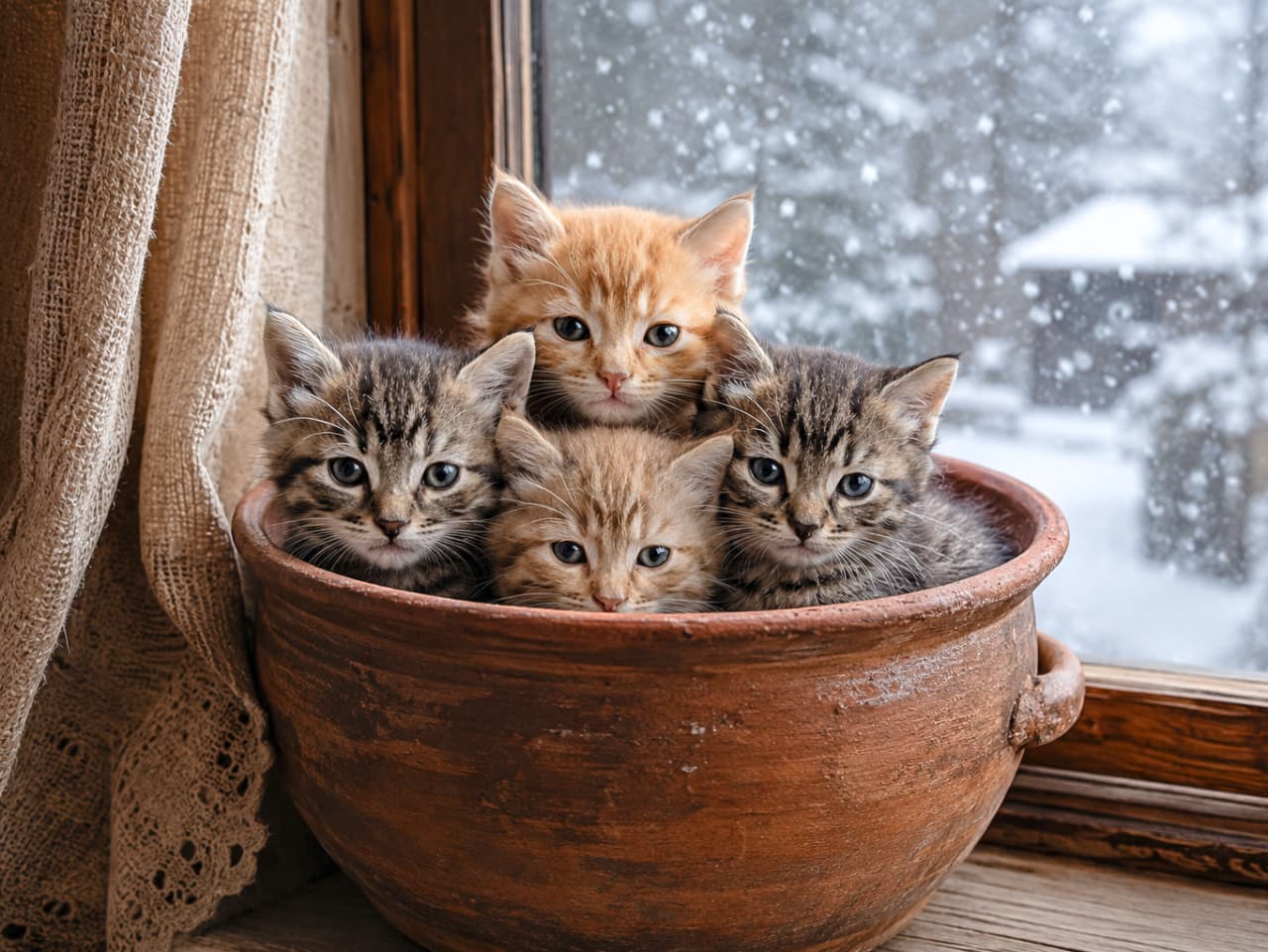 「ぽかぽかスポットみーっけ!🐾 素焼きのポットにすっぽり収まる子猫たち、まるで冬の妖精みたいです❄️✨」Ultra-realistic high-quality photograph of four cute mixed tabby and orange kittens huddled tightly together inside a large terracotta pot by a window. They are looking at the camera with innocent, sparkling round eyes. The cold, snowy winter scene outside contrasts beautifully with the rustic textures of the wooden window frame and clay pot, emphasizing the kittens' warm, fluffy fur. しんしんと雪が降る冬の窓辺で、大きな素焼きの鉢の中にぎゅっと身を寄せて収まる4匹の子猫たち。茶トラやキジトラのミックスで、少しあどけない表情とキラキラとした丸い瞳でカメラを見つめています。背景の冷たい雪景色と、木枠の窓やテラコッタの鉢の素朴な質感が、子猫たちのフワフワとした温もりを強調しています