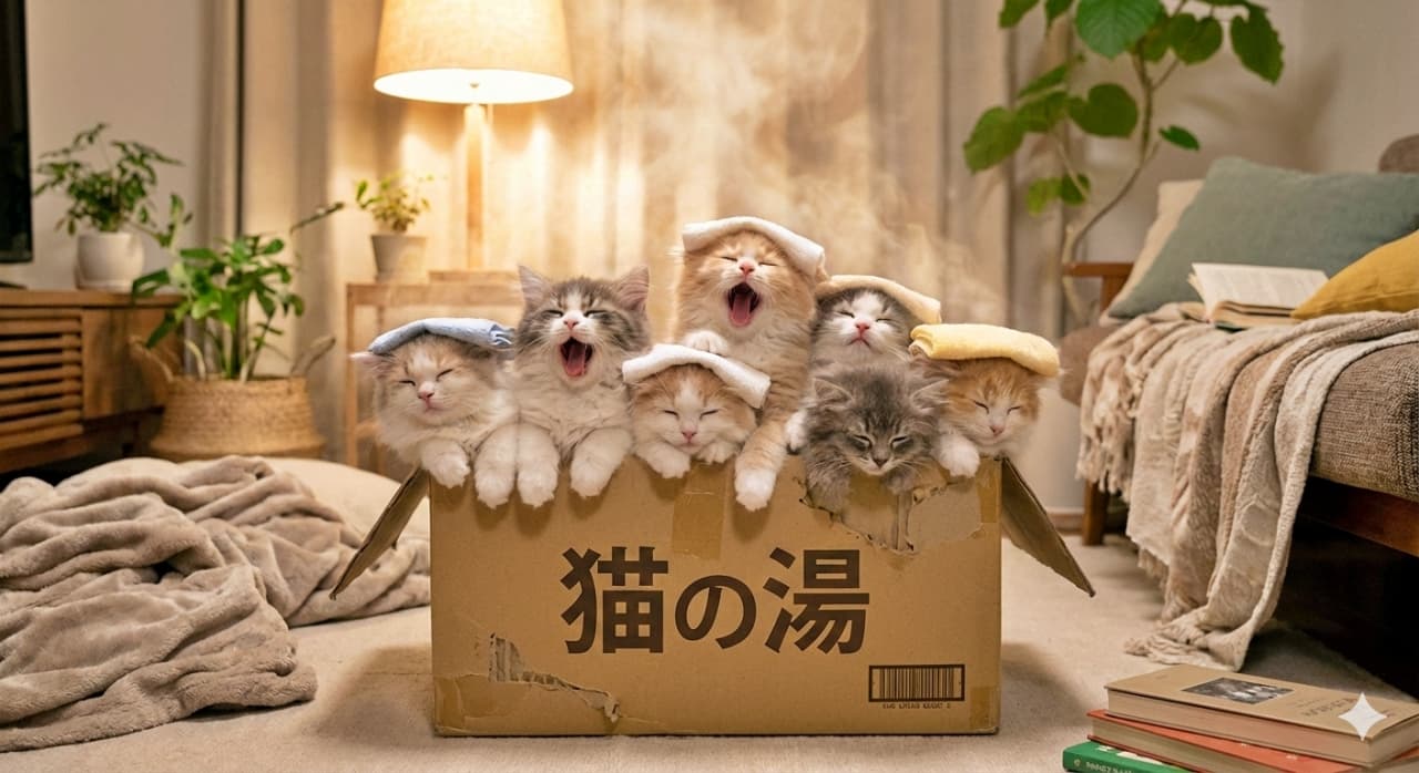 「「猫の湯」へようこそ♨️ ダンボールで温泉気分！頭のタオルとあくびが最高にシュールです🤣💕」A humorous and cozy photo of seven fluffy kittens inside a cardboard box labeled "Neko no Yu" (Cat Hot Spring) in Japanese. Mimicking a bath scene, some kittens have folded towels on their heads, and steam rises from the box. The kittens are yawning and relaxing, creating a funny "hot spring" atmosphere. 「猫の湯」と大きく書かれたダンボール箱に入り、まるで温泉に浸かっているかのようにくつろぐ7匹の子猫たち。数匹は頭に小さなタオルを乗せており、湯気のような効果が演出されている。中央の子猫たちは気持ちよさそうに大あくびをしており、ユーモラスで心温まる室内の情景