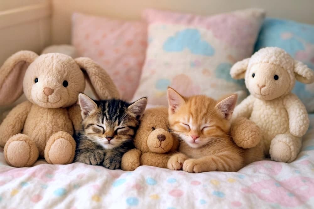 「雲のベッドでぬいぐるみと夢の旅♪ ひつじもウサギも猫も、みんな仲良しおやすみ隊！」Two kittens—tabby and orange—nestled among a bunny, teddy bear, and lamb plush toys on a child’s bed with cloud-patterned pillows. 縞模様とオレンジの2匹の子猫が、ウサギ・テディベア・ひつじのぬいぐるみに囲まれて、雲柄の枕が並ぶ子ども用ベッドで眠っている
