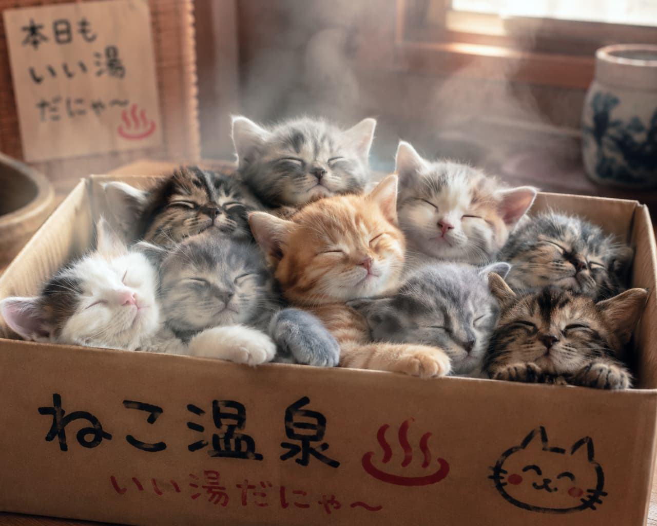 「極楽、極楽〜♨️🐈 段ボールの「ねこ温泉」に浸かって、心も体もとろけちゃう子猫たちに癒されてください✨」Ultra-realistic high-quality photograph of various cute kittens, including calico, orange tabby, and silver tabby, packed tightly into a cardboard box with Japanese text reading "Cat Hot Spring, Great Water". The kittens are fast asleep with blissful, melting expressions. Soft steam rises around them, with a traditional Japanese wooden window and a teacup in the background, creating a humorous and relaxing scene. 「ねこ温泉 いい湯だにゃ〜」と手書きされた段ボール箱の中に、三毛、茶トラ、サバトラなど多彩な柄の子猫たちがぎっしりと詰まって、目を閉じてとろけるような至福の表情で眠っています。周囲にはほんのりと湯気が立ち込め、温泉宿のような木枠の窓や湯呑みが背景に配置されており、ユーモアと癒しが共存する情景です