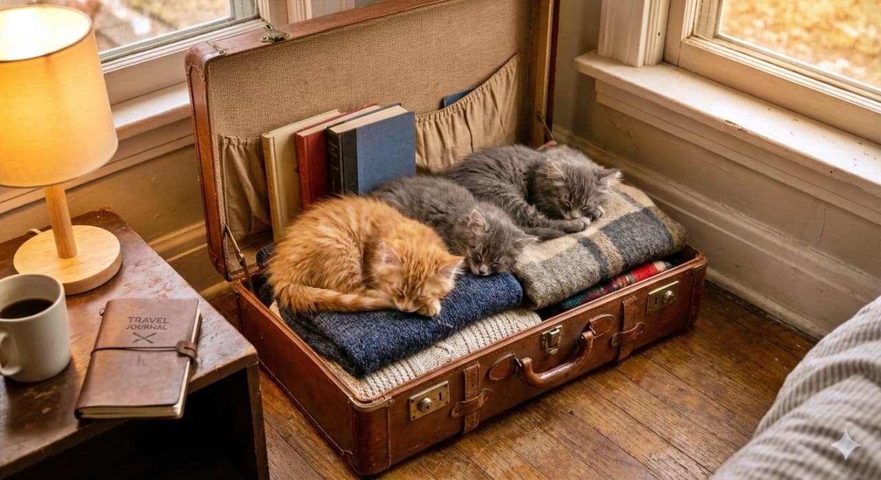 「荷造り完了…って、君たちも行くの？😂 スーツケースで爆睡する子猫たち、最高の旅の相棒です🧳✈️」A photorealistic image of three kittens (one orange tabby and two grey) curled up asleep on folded knits inside an open vintage leather suitcase by a window. Books are tucked into the suitcase pocket, and a side table features a lamp and a notebook labeled "Travel Journal," evoking a cozy travel mood. 窓辺に置かれた開いたヴィンテージの革製スーツケースの中で、畳まれたニットや服の上で丸まって眠る3匹の子猫（茶トラ1匹、グレー2匹）。スーツケースには本も詰められ、横のテーブルにはランプと「TRAVEL JOURNAL」と書かれたノートがあり、旅の気配と安らぎが同居するフォトリアルな画像