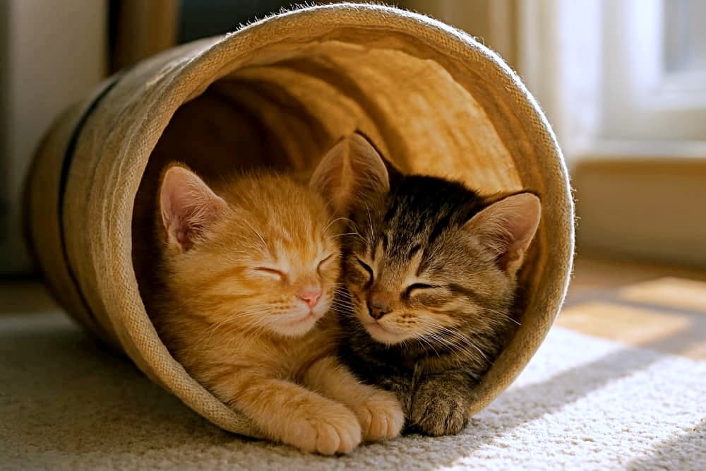 「カーペットの上でぬくぬく♡トンネルで夢見る2匹の子猫！」Two kittens—one orange and one tabby—snuggled side by side inside a fabric tunnel toy on a carpeted floor, bathed in gentle sunlight for a cozy indoor vibe. カーペットの上、布製トンネルの中で並んで眠るオレンジとキジトラの子猫。柔らかな陽射しが室内を優しく包み込む