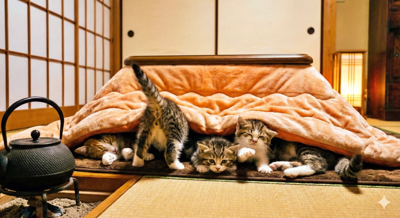 「頭隠して尻隠さず！？🍑 こたつへダイブするお尻が愛おしい… 安全第一でぬくぬく冬ごもりです🍊💕」A photorealistic image of kittens gathering under a kotatsu table in a traditional Japanese room. A tabby-and-white kitten in the center displays a funny pose with its head buried inside the blanket and its butt and tail sticking out. Other kittens sleep or relax nearby. An iron kettle in the foreground and a lantern in the back add to the cozy winter atmosphere. 和室のこたつ布団の下に集まる子猫たち。中央のキジ白の子猫は、頭をこたつの中に突っ込み、お尻と尻尾を高く上げた「頭隠して尻隠さず」のユーモラスなポーズをとっている。隣では他の子猫がリラックスして前足を伸ばしたり眠ったりしており、手前には鉄瓶、奥には行灯が灯る、温かく平和な冬の情景