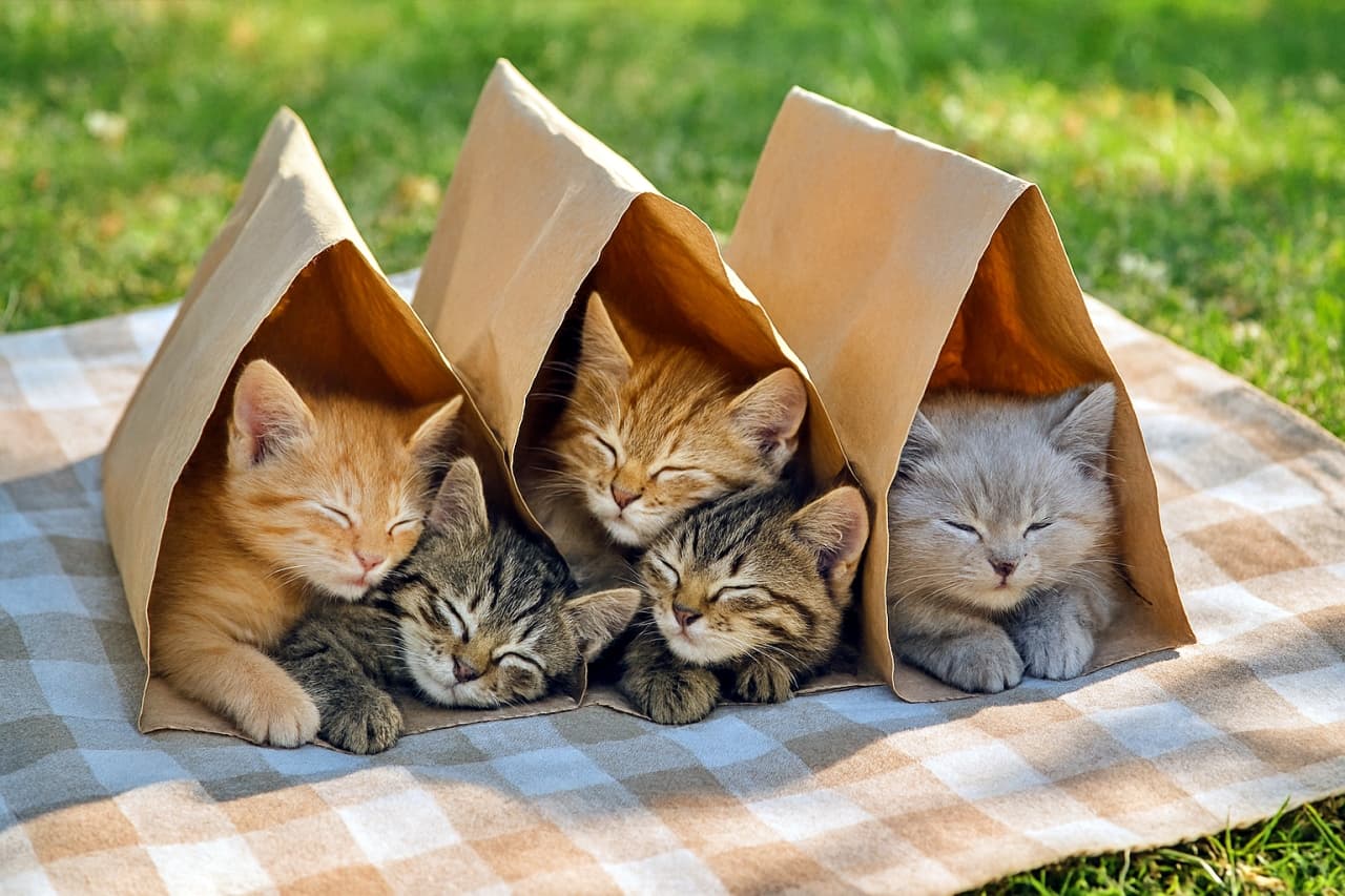 「紙袋テントでまったりお昼寝中♪ ピクニック気分満点の子猫たちに癒されて〜🌞🐾」Five kittens sleep peacefully inside three brown paper bags arranged like tents on a checkered picnic blanket outdoors. Each bag shelters one or two kittens with orange, gray, and tabby fur, basking in soft natural light on a grassy lawn. 屋外の芝生に広げられたチェック柄のピクニックブランケットの上で、３つの紙袋テントに５匹の子猫が穏やかに眠っている。オレンジ、グレー、キジトラ模様の子猫たちがそれぞれ１〜２匹ずつ袋に入り、柔らかな自然光に包まれている