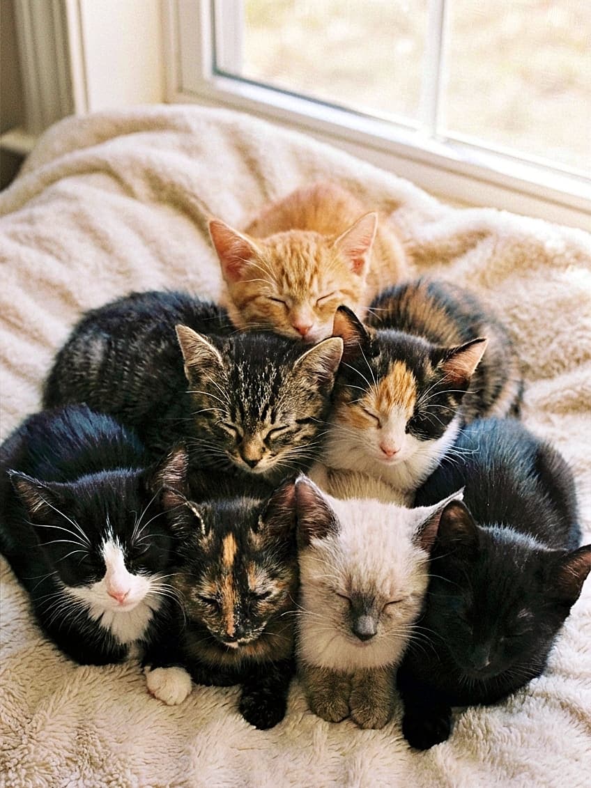「奇跡の「猫ピラミッド」完成！🐱✨ 7匹の猫団子がぎゅっと積み重なって夢の中。可愛さ重量オーバーです💕💤」A vertical photorealistic image of seven sleeping kittens arranged in a pyramid formation on a soft blanket. An orange tabby rests at the top, followed by a dark tabby and a calico in the second row, and four kittens (black and white, tortoiseshell, Siamese mix, and black) forming the base. All are nestled closely with eyes closed in soft, warm lighting. 柔らかな光が差し込む窓辺で、7匹の子猫がピラミッド状（上から1匹、2匹、4匹）に積み重なって眠っている縦長の画像。頂点の茶トラを筆頭に、キジトラ、三毛、黒白、サビ、シャム風、黒猫など様々な柄の子猫たちが密着して「猫団子」を作っている。全員が目を閉じてリラックスしている、平和で愛らしい構図